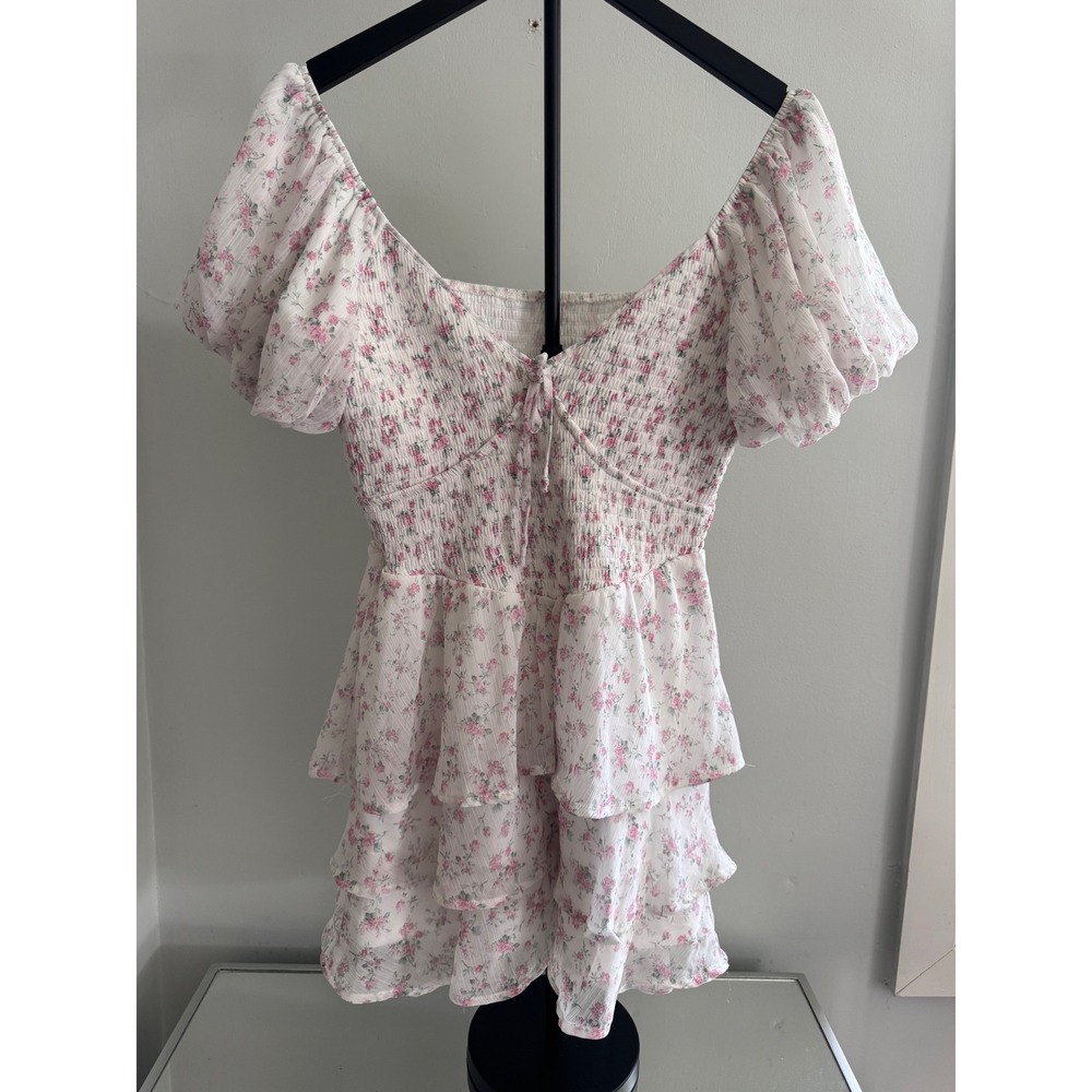 Pink Floral Chiffon Smocked Mini Dress Puff Sleeve Tiered Ruffle Cottagecore